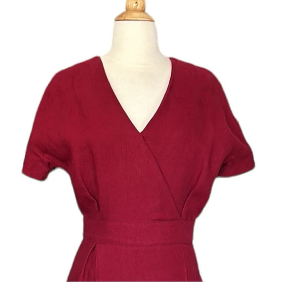 LONGCHAMP Hemp Burgundy Red Faux Wrap Dress Lamb Leather Pockets Career Size 6 - Picture 2 of 16